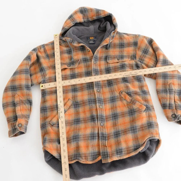 VTG Route 66 Orange And Gray Plaid Fleece Lined Button Up Hooded Sweater  Jacket - Picture 3 of 11